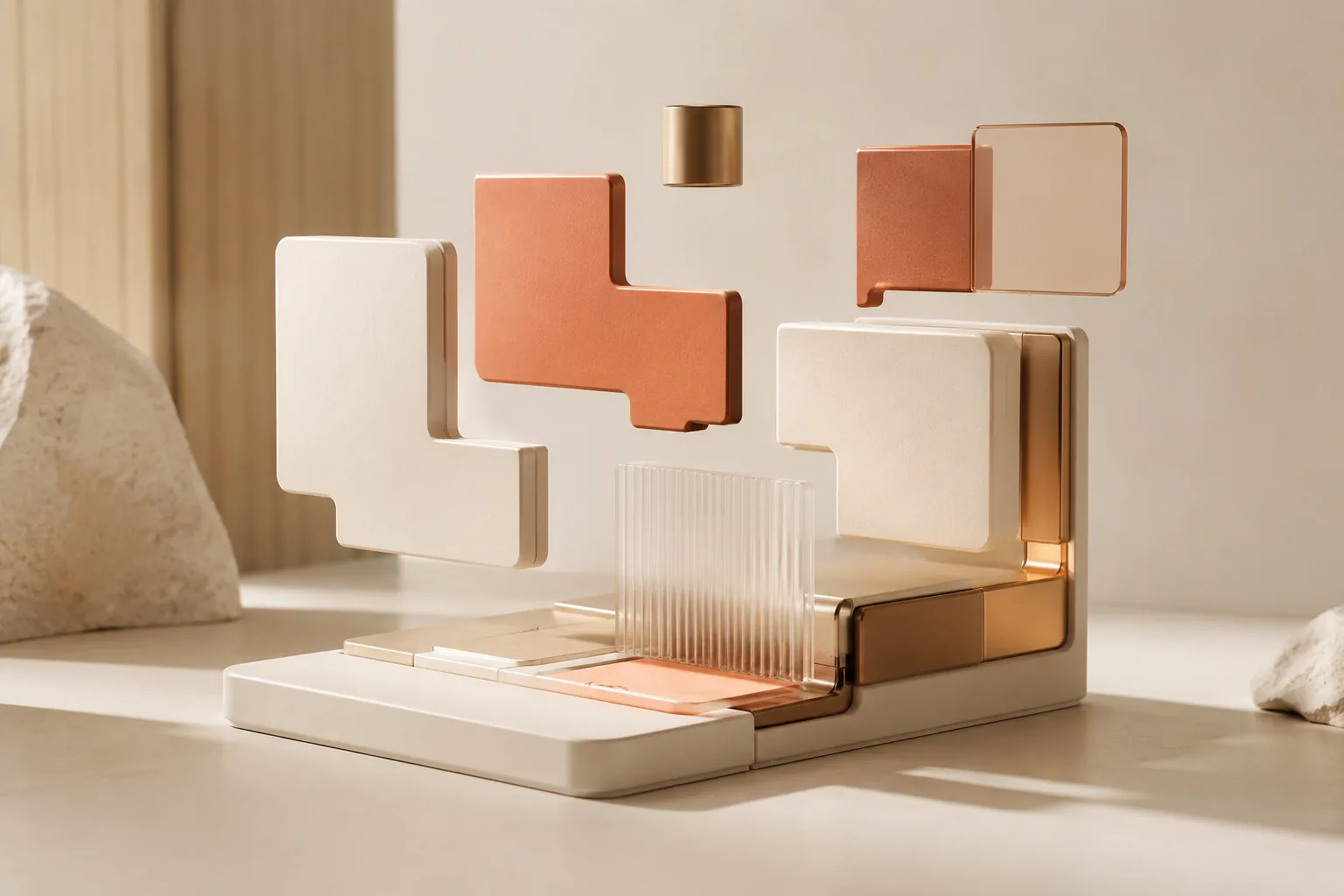 Render abstrato de peças modulares a encaixar